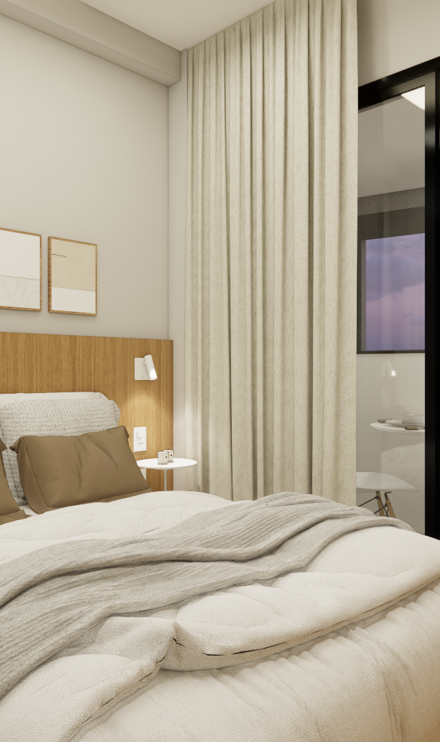 Render 3D de quarto pequeno com painel de madeira, cama de tons neutros, cortinas claras e varanda com vista de entardecer
