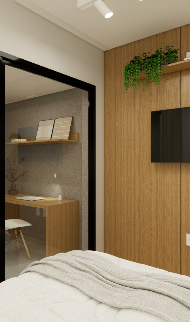Render 3D de quarto pequeno com marcenaria em madeira, TV, prateleiras com plantas e home office atrás de porta de vidro
