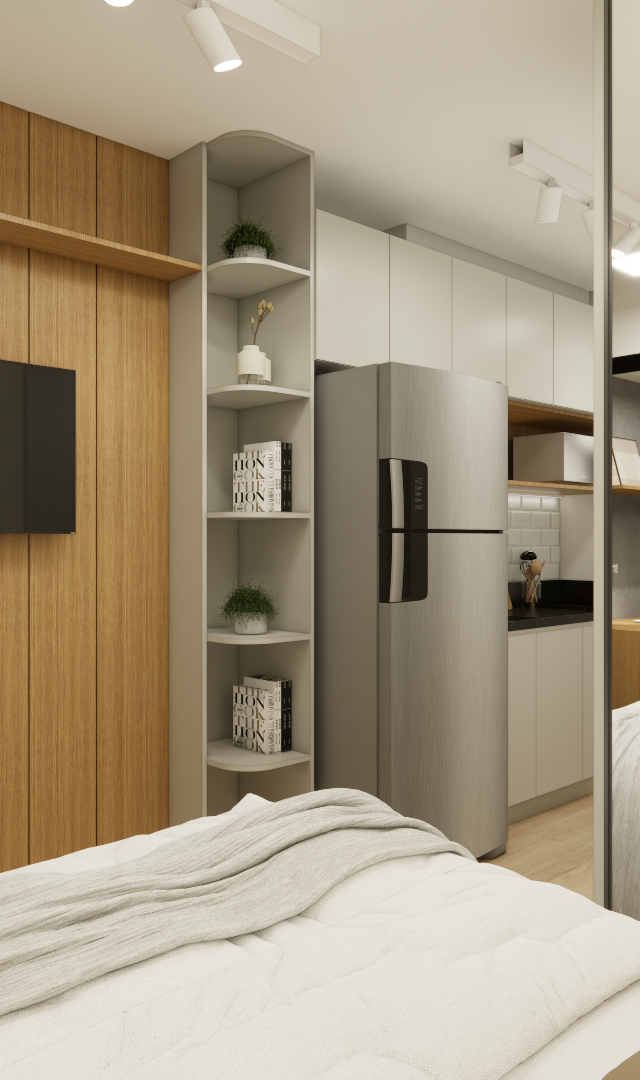 Render 3D de estúdio de 25m² na Vila Madalena com marcenaria em madeira e cinza, cama, cozinha integrada e iluminação led