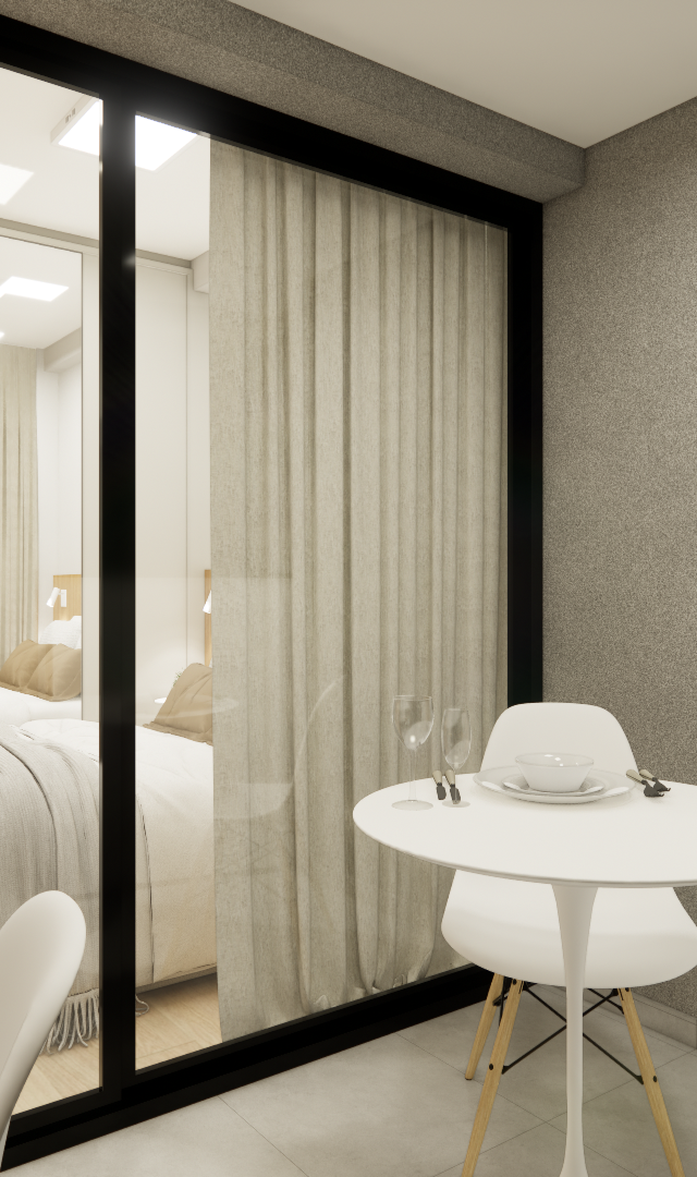 Render 3D de estúdio compacto com mesa redonda branca, quarto integrado por divisória de vidro e parede cinza texturizada