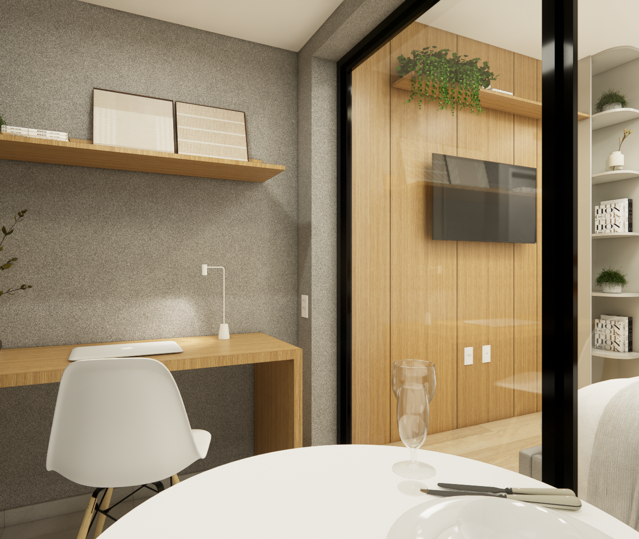 Render 3D de estúdio com mesa de madeira, cadeira branca, marcenaria em tons claros e parede cinza texturizada na Vila Madalena