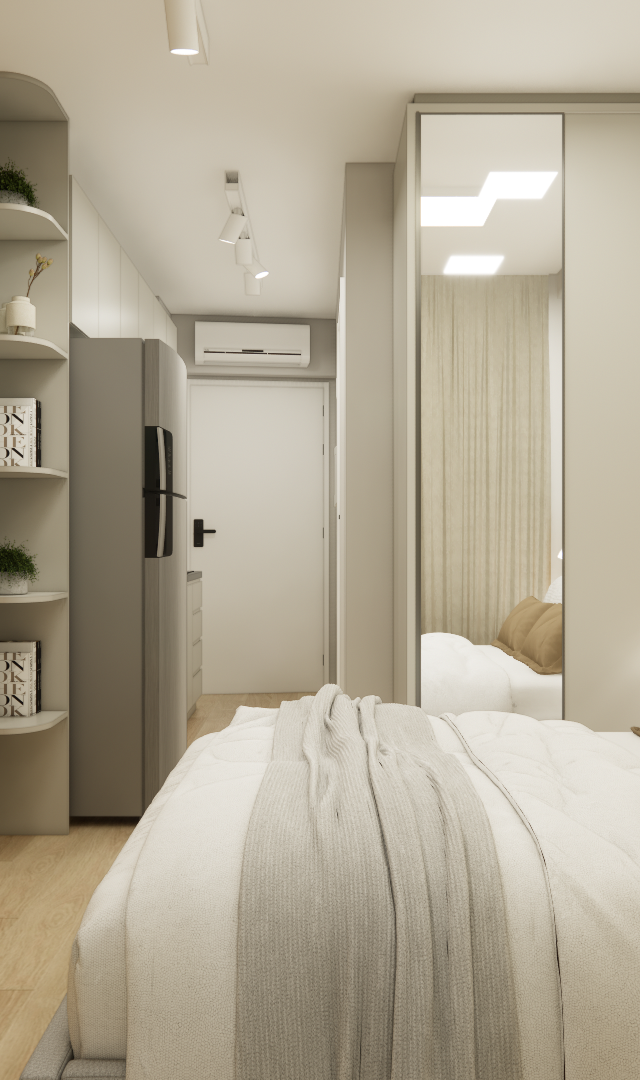 Render 3D de estúdio compacto na Vila Madalena com marcenaria em madeira clara, tons neutros, cama, espelho e iluminação