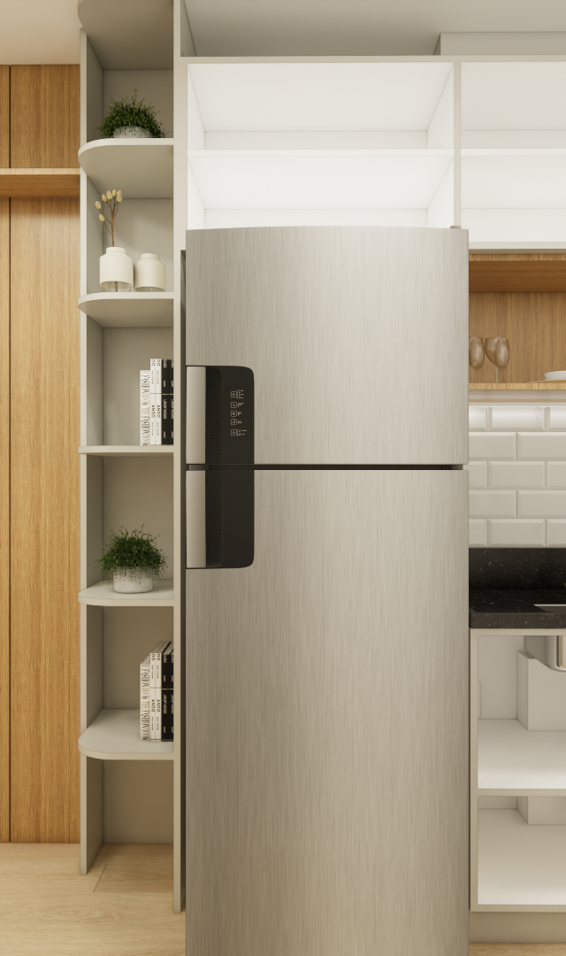 Render 3D de cozinha compacta com painel de madeira, geladeira de inox, armários brancos e bancada de pedra preta