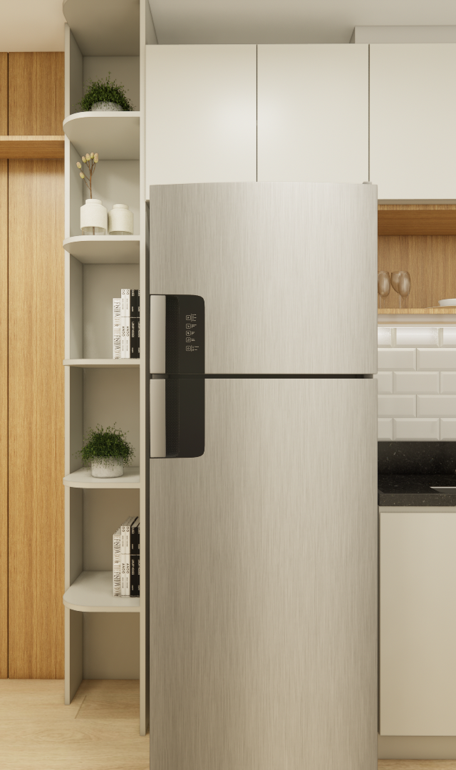 Render 3D de cozinha compacta com marcenaria bege, painel de madeira, geladeira de inox e revestimento tipo tijolinho