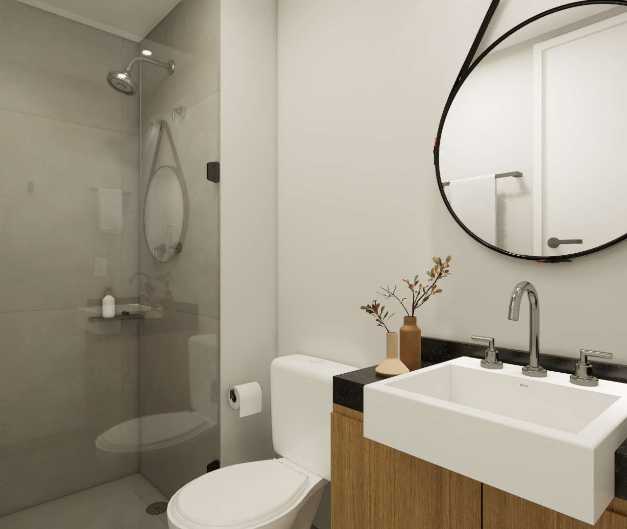 Render 3D de banheiro compacto no ON Vila Madalena com pia branca, bancada preta, marcenaria em madeira e espelho redondo