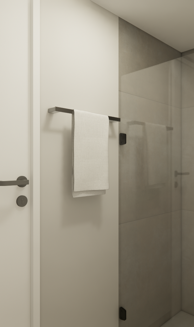Render 3D de banheiro compacto com box de vidro, paredes cinza, metais pretos e porta branca, iluminação suave e neutra
